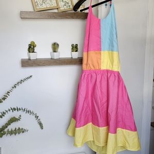 L.I.F.E Colorblock Dress Festival Mini Halter Open Cut Out Back Cotton Bright